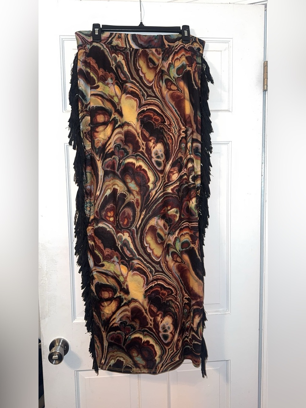 Fashion Nova Multicolor Swirl Midi Skirt with Black Fringe